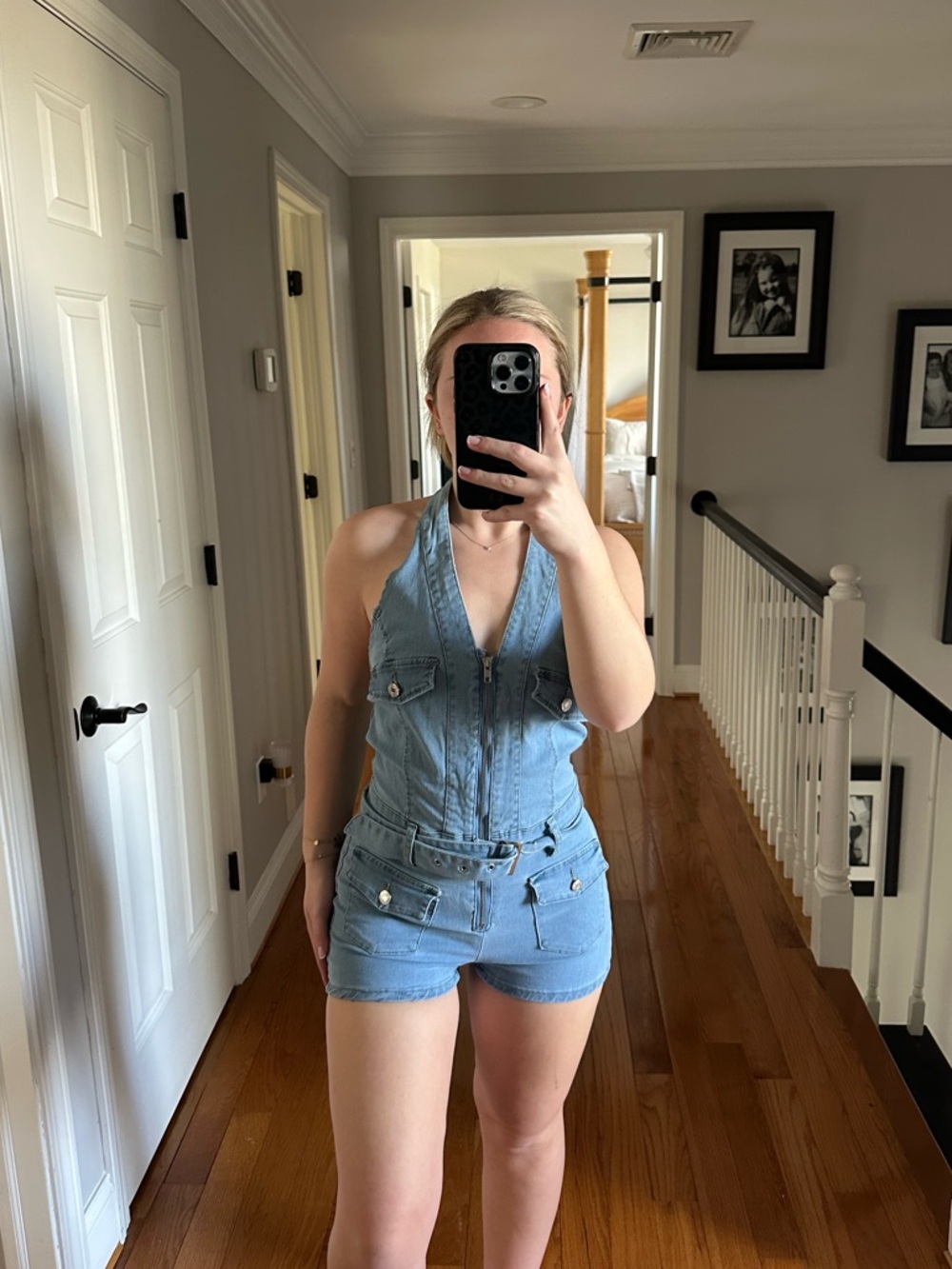 SHEIN Light Blue Denim Halter Romper Shorts